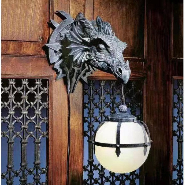 Wholesale resin ornaments, hanging decor, and garden accessories—including dragon-head designs with lights—suitable for cross-border trade and home decoration.