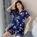 As seen on Xiaohongshu: In-stock summer two-piece pajama set for women—faux silk V-neck casual short-sleeve top and bottoms, available in plus sizes.