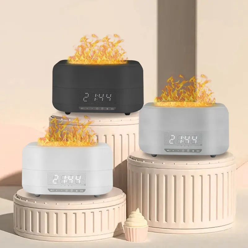 New Simulation Flame Aromatherapy Humidifier with Bluetooth Speaker, Creative Ambient Light, and Digital Clock – A Perfect Gift