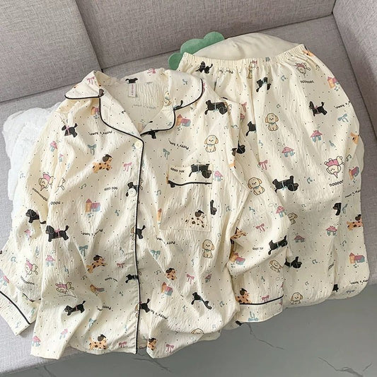 Cross-border Best-selling Women's Spring/Autumn Pajama Set: Cloud-soft Cotton, Button-up Cardigan with Lapel, Long Sleeves & Pants, Cartoon Print Loungewear