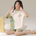Cute cartoon-style short-sleeved, round-neck pajama set (top and shorts) for girls/students; suitable for dorm wear or as casual loungewear.