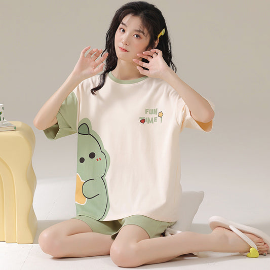 Cute cartoon-style short-sleeved, round-neck pajama set (top and shorts) for girls/students; suitable for dorm wear or as casual loungewear.