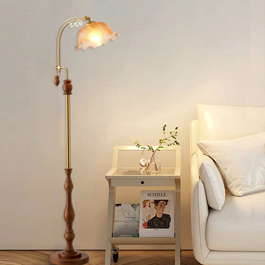 Francuska lampa podłogowa z orzecha w stylu Mid-Century Modern — oświetlenie akcentujące do sofy w salonie | Lampa stojąca nocna do sypialni w stylu Wabi-Sabi