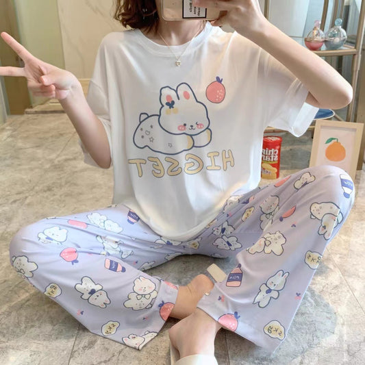 Women's Short-Sleeve & Long-Pant Pajama Set – Cute Cartoon Style, New for Spring/Summer 2025 (Suitable for Loungewear or Casual Wear)