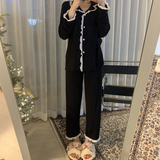 Women's Autumn/Winter Loungewear Set: Korean-Style "Insta-Worthy" Ruffled Long-Sleeve Top & Pants (Popular Social Media Style)
