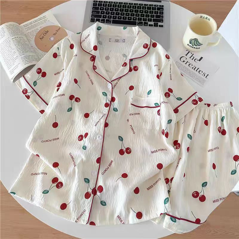 New Women's Summer Pajama Set: Cardigan-style top and shorts in soft "cloud cotton," featuring a sweet, cute, and loose-fitting design.