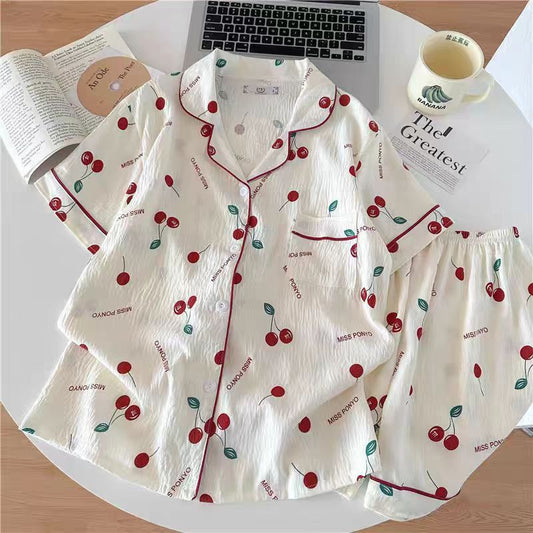 New Women's Summer Pajama Set: Cardigan-style top and shorts in soft "cloud cotton," featuring a sweet, cute, and loose-fitting design.