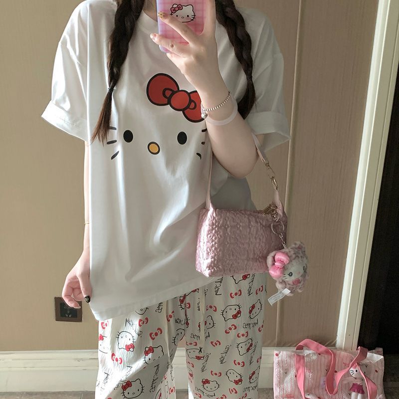 Girls' Hello Kitty Cotton Set: Comfortable Cartoon Print Top & Casual Pants (Suitable for Lounging or Casual Outings)
